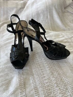 NWT BCBGMaxAzria Black Patent Leather Strappy T‑Bar Heels